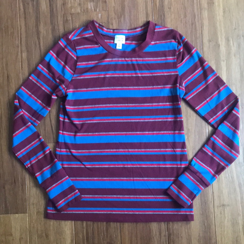 EVEREVE PEYTON JENSEN MAROON BLUE RED STRIPE LONG SLEEVE SHIRT SMALL